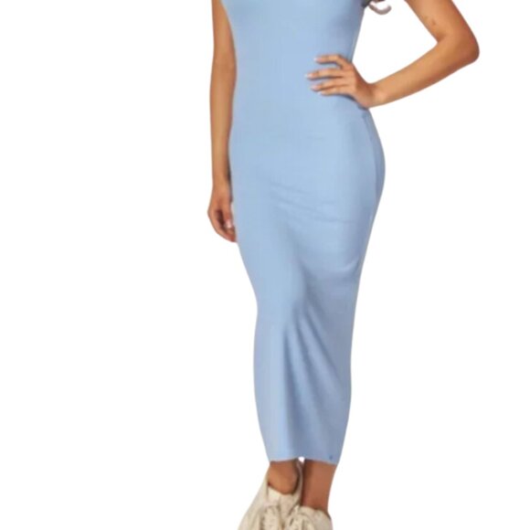 Women’s Ribbed Knit Open Back Maxi Dress – Elegant‎ Powder Blue - Picture 3 of 3